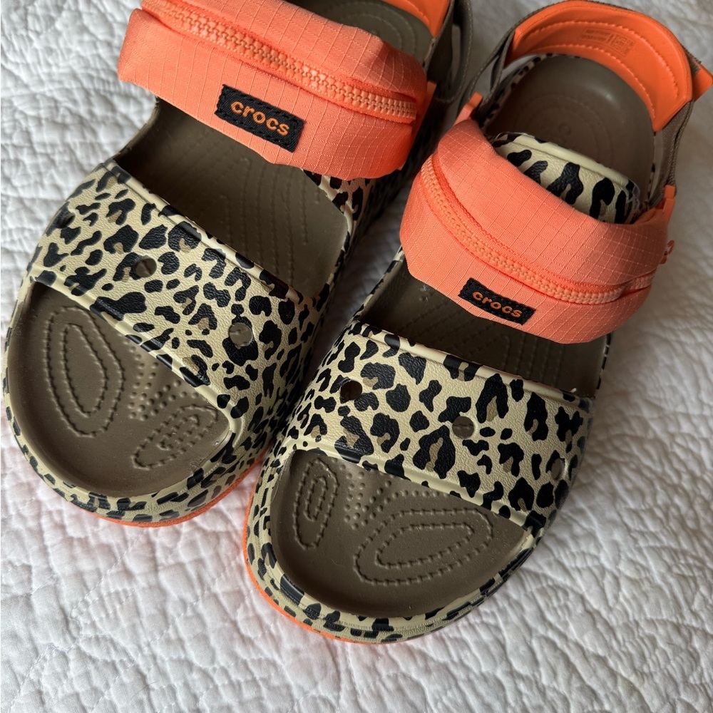 CROCS Leopard Print Sandals with Orange Straps